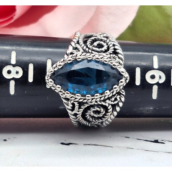Silver Tone Filigree Style Cocktail Fashion Ring Blue Marquise Center Size 7 - Picture 8 of 8
